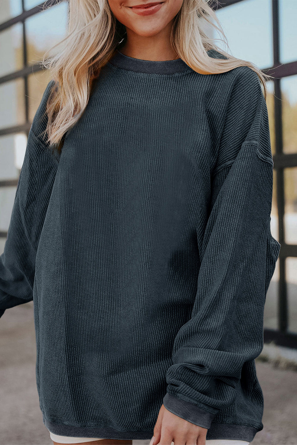 Light Pink Plain Drop Sleeve Crinkle Rib Oversized Sweatshirt