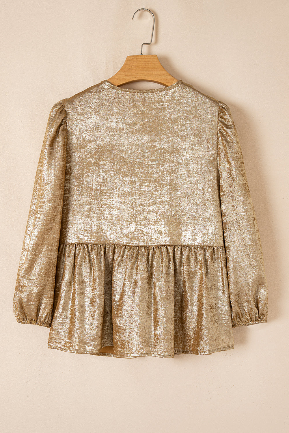 Gold Solid Color Bowknot Front Puff Sleeve Blouse