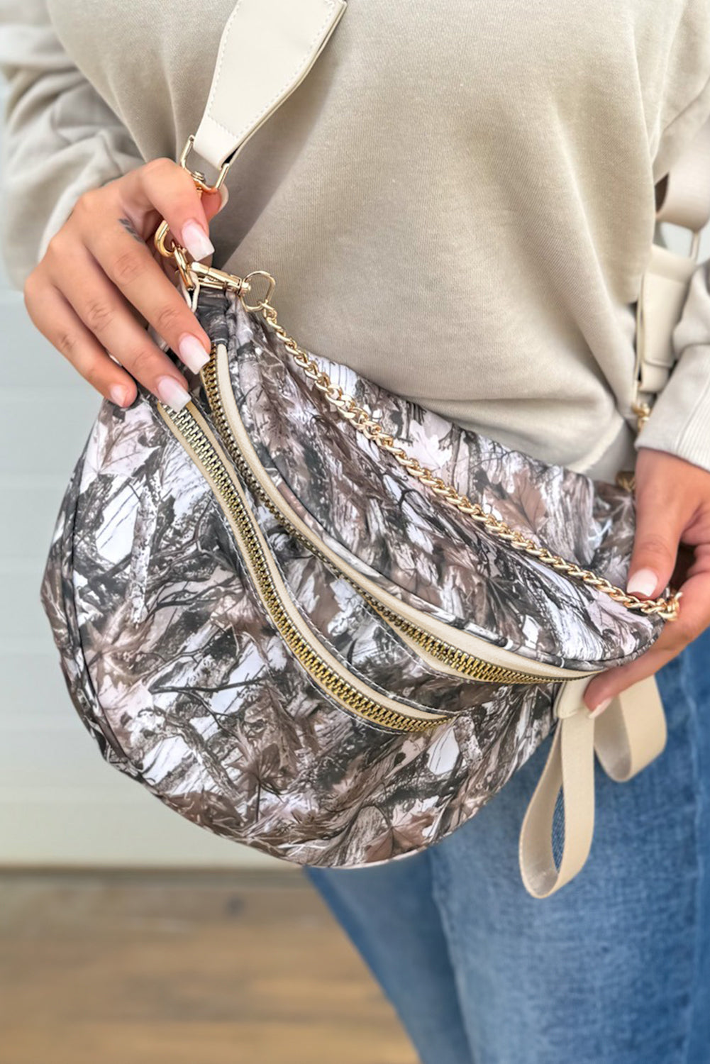 White Camouflage Print Double Zipper Crossbody Bag