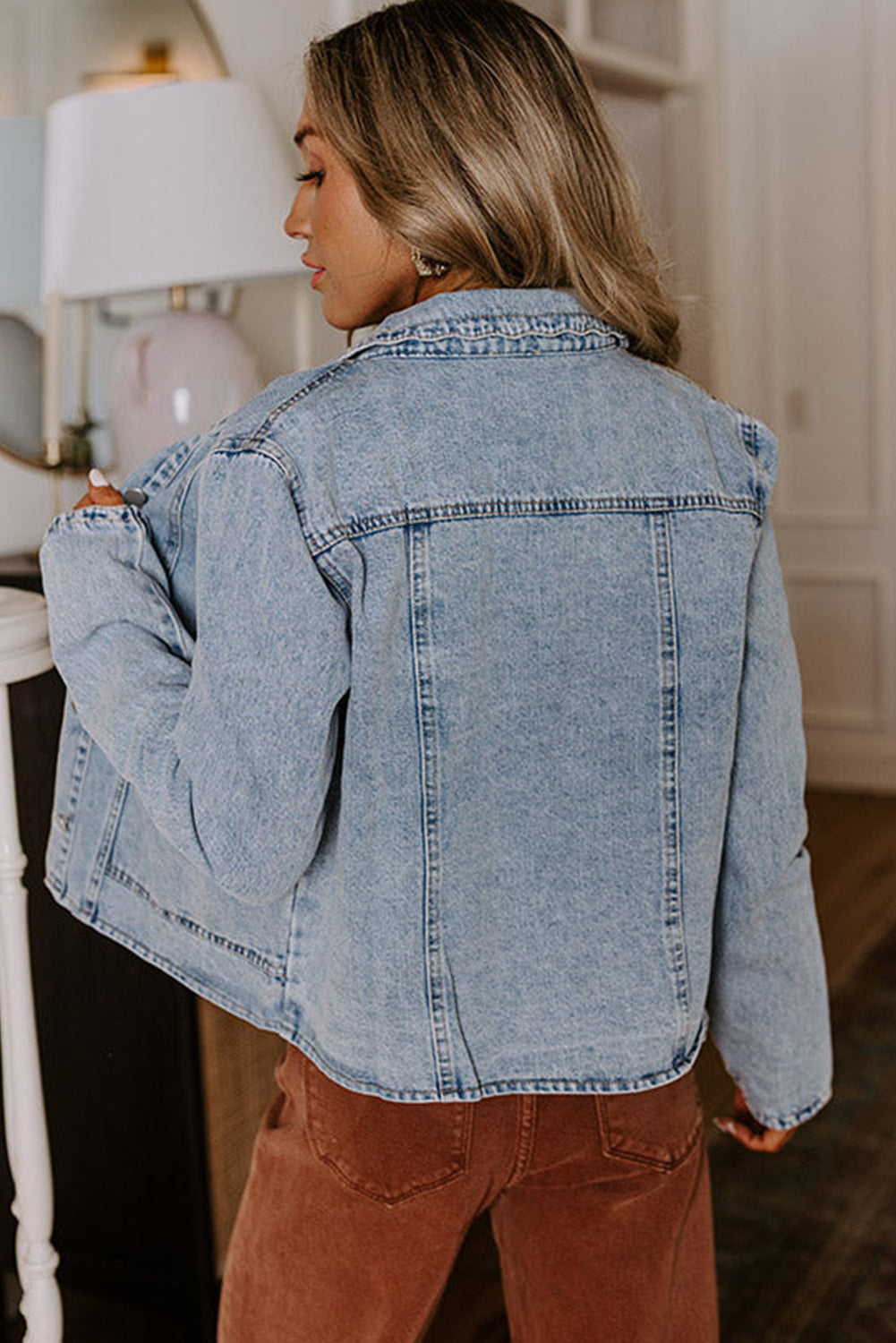 Sail Blue Scallop Trim Collar Pocket Button Up Denim Jacket