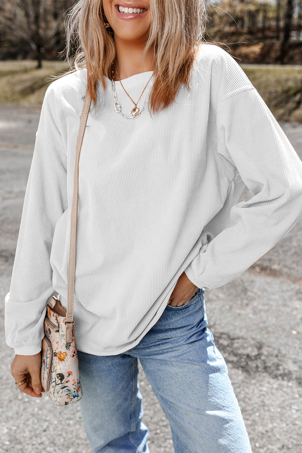 Light Pink Plain Drop Sleeve Crinkle Rib Oversized Sweatshirt