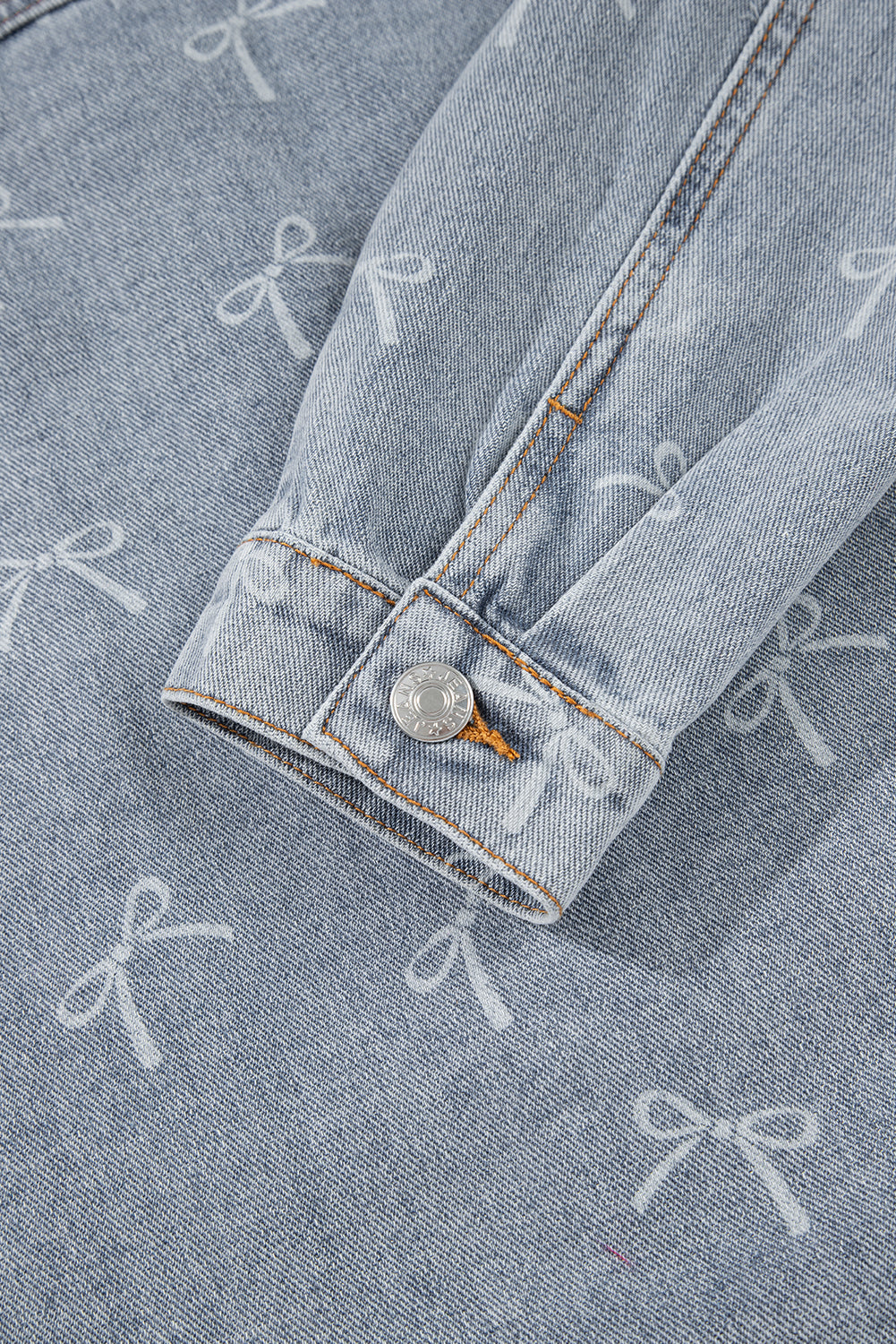 Sky Blue Bow Print Light Wash Raw Hem Denim Jacket
