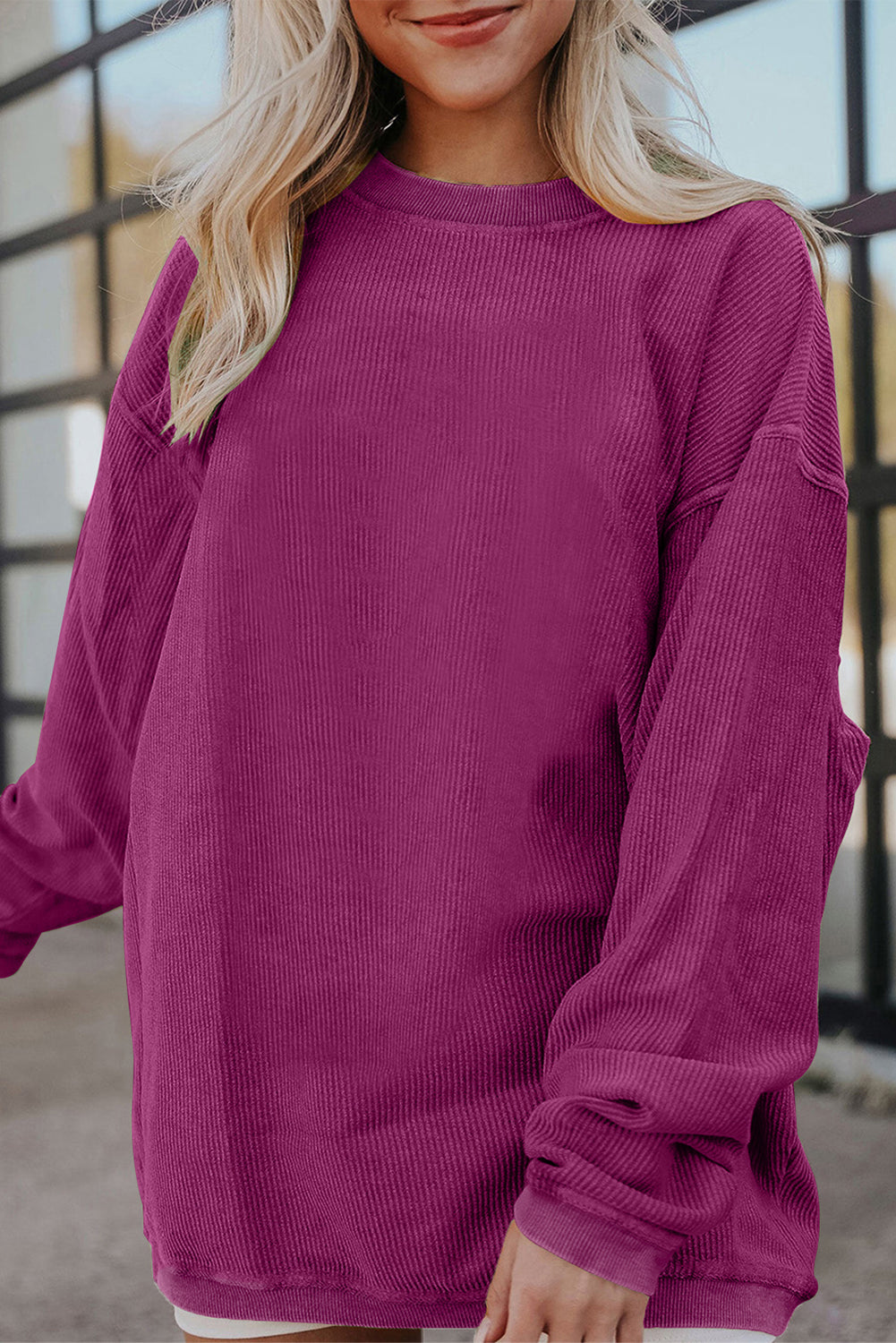 Light Pink Plain Drop Sleeve Crinkle Rib Oversized Sweatshirt
