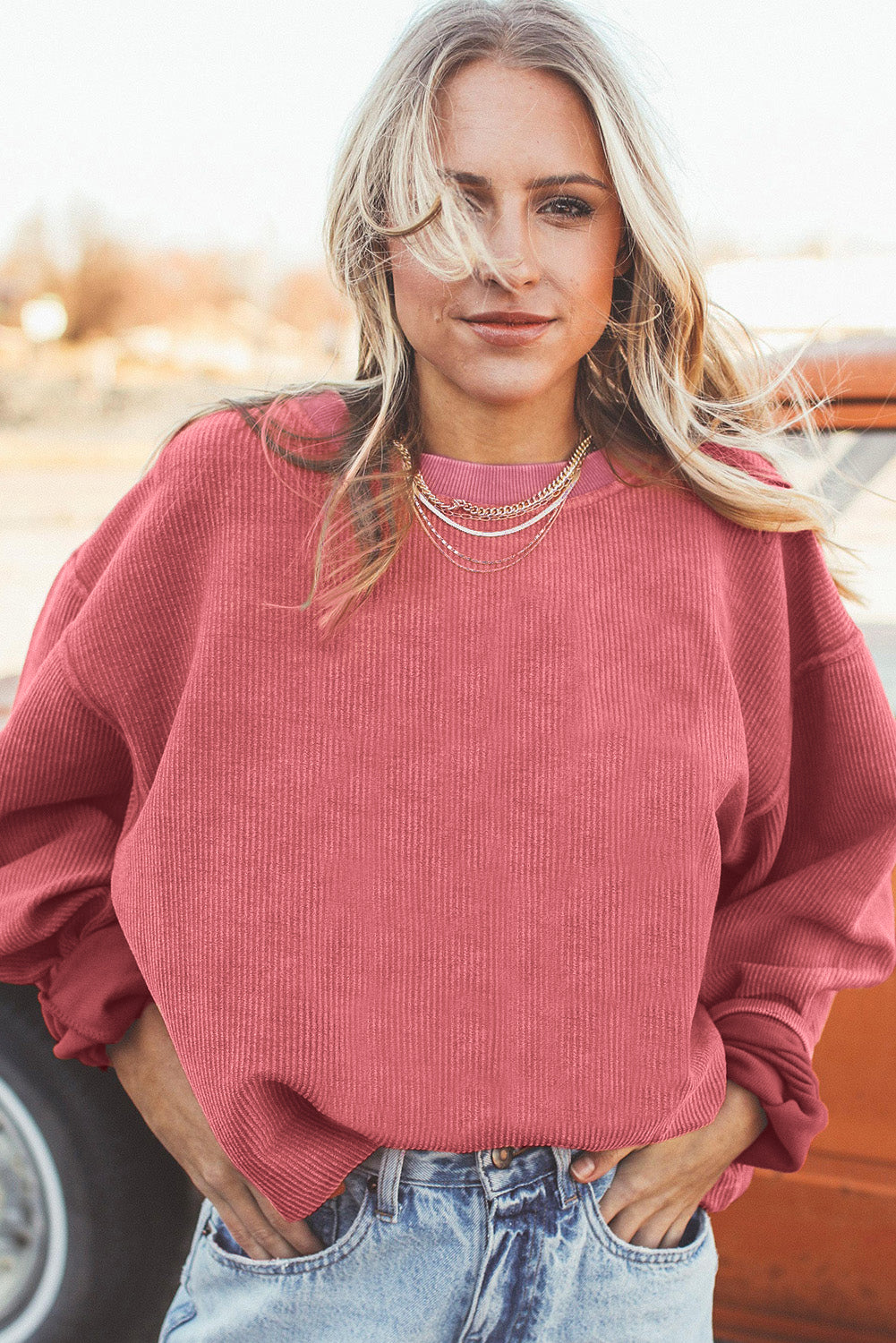 Light Pink Plain Drop Sleeve Crinkle Rib Oversized Sweatshirt