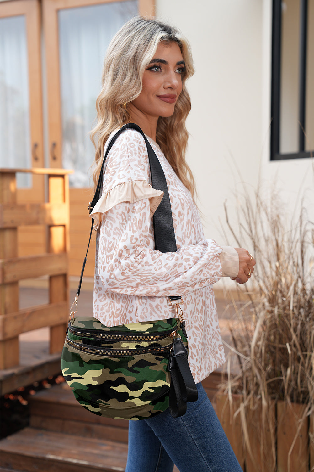 White Camouflage Print Double Zipper Crossbody Bag