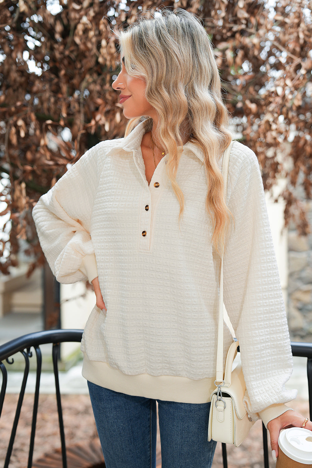 Beige Balloon Sleeve Casual Collared Button Sweatshirt