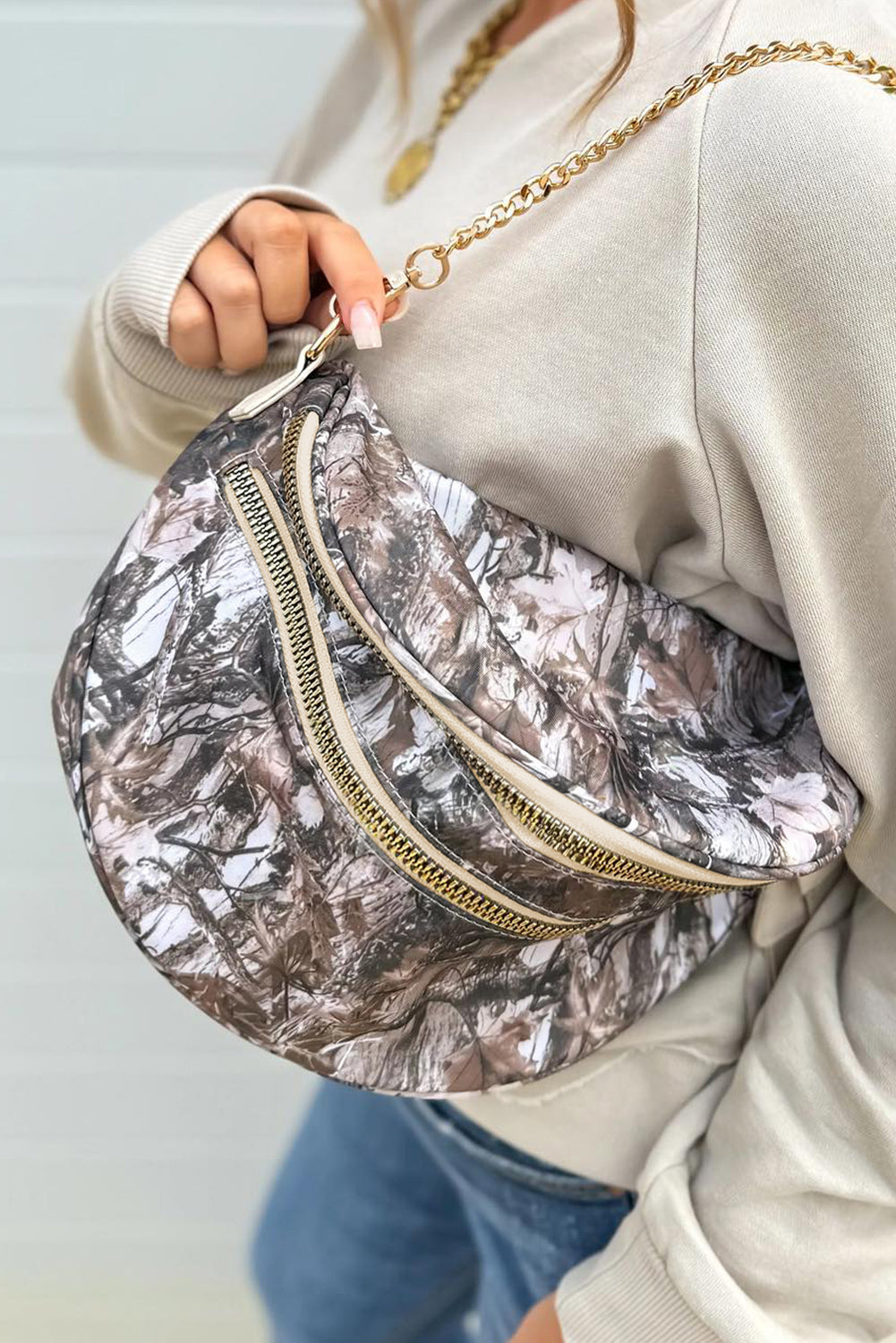 White Camouflage Print Double Zipper Crossbody Bag
