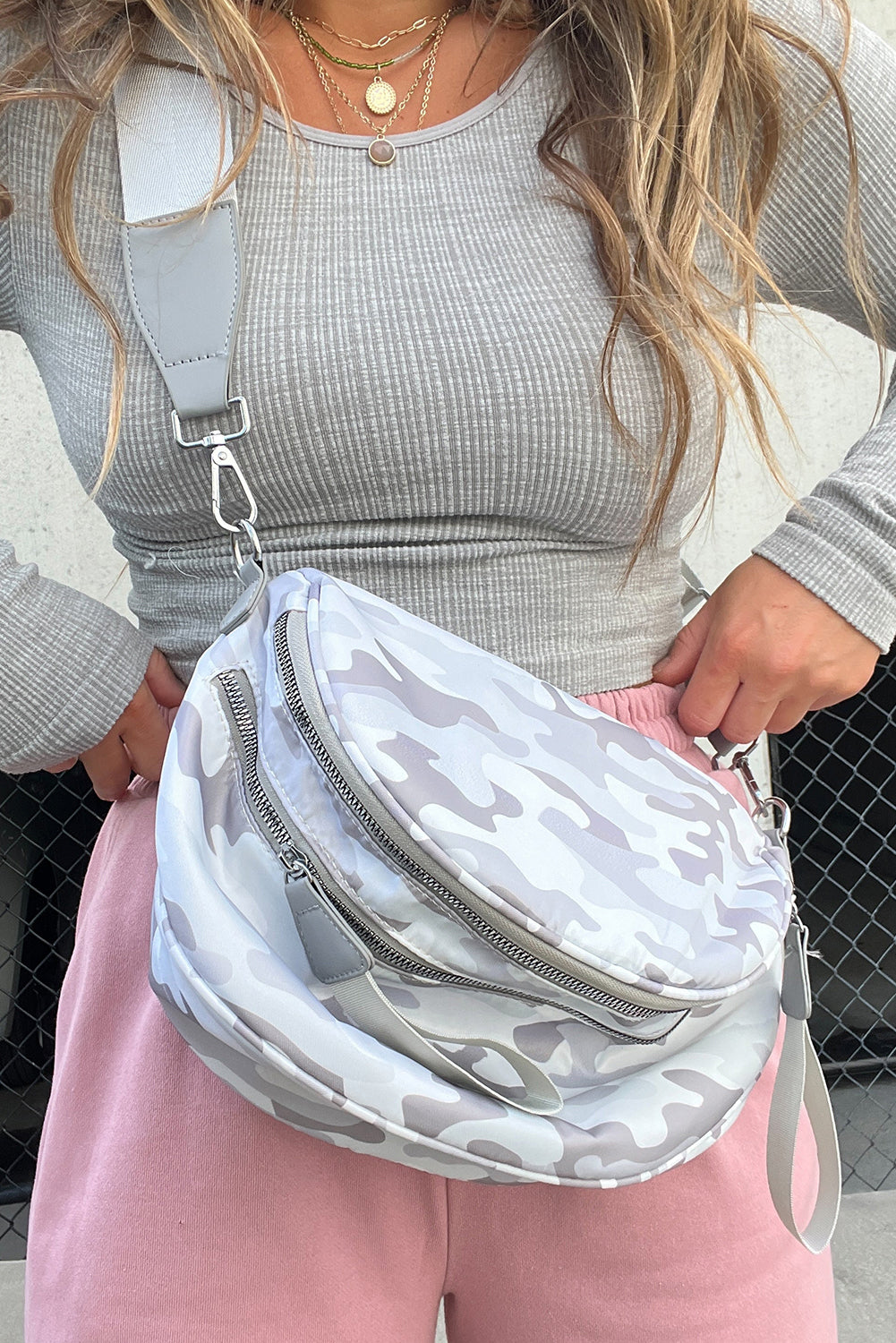 White Camouflage Print Double Zipper Crossbody Bag