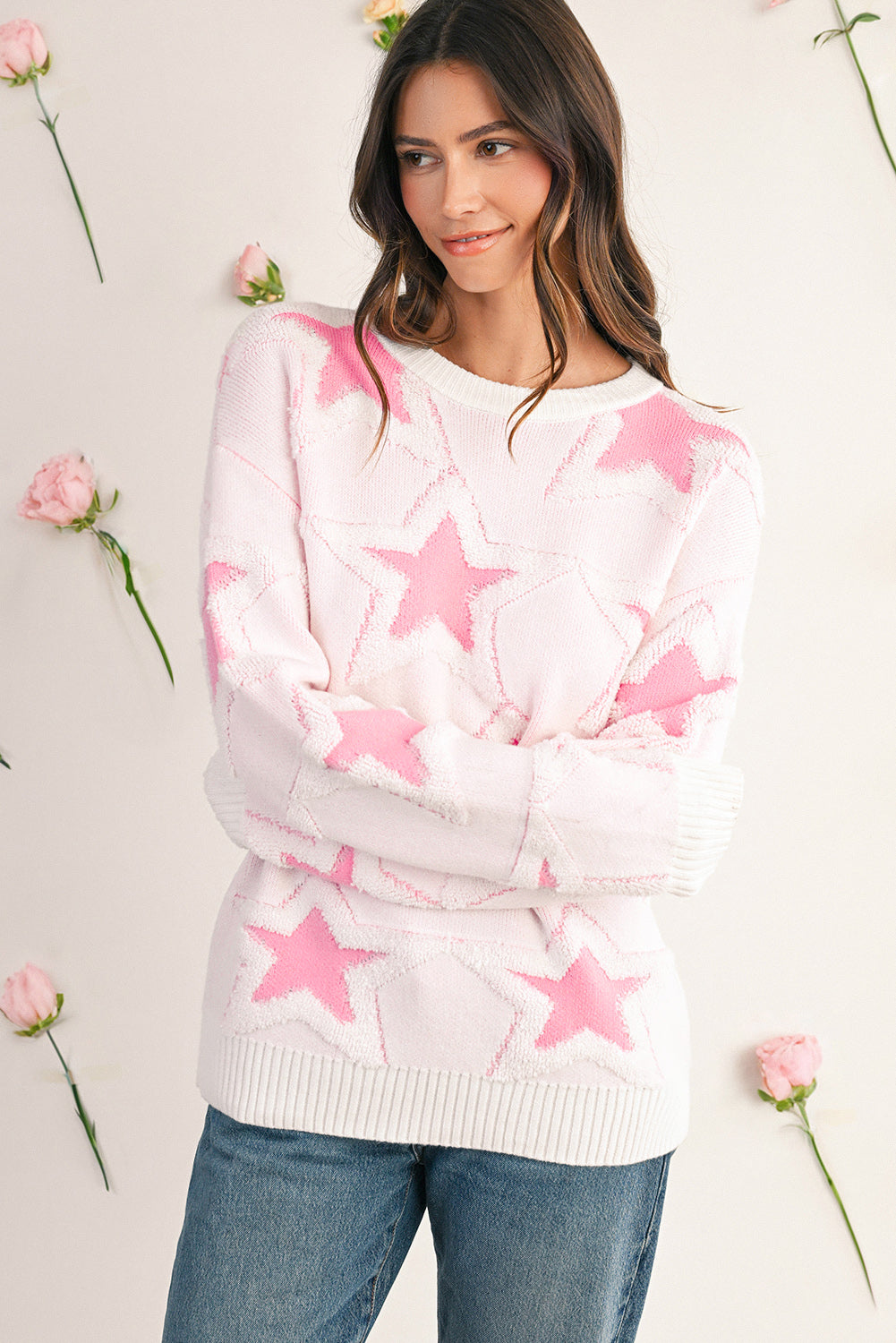 Sachet Pink Star Pattern Drop Sleeve Loose Sweater