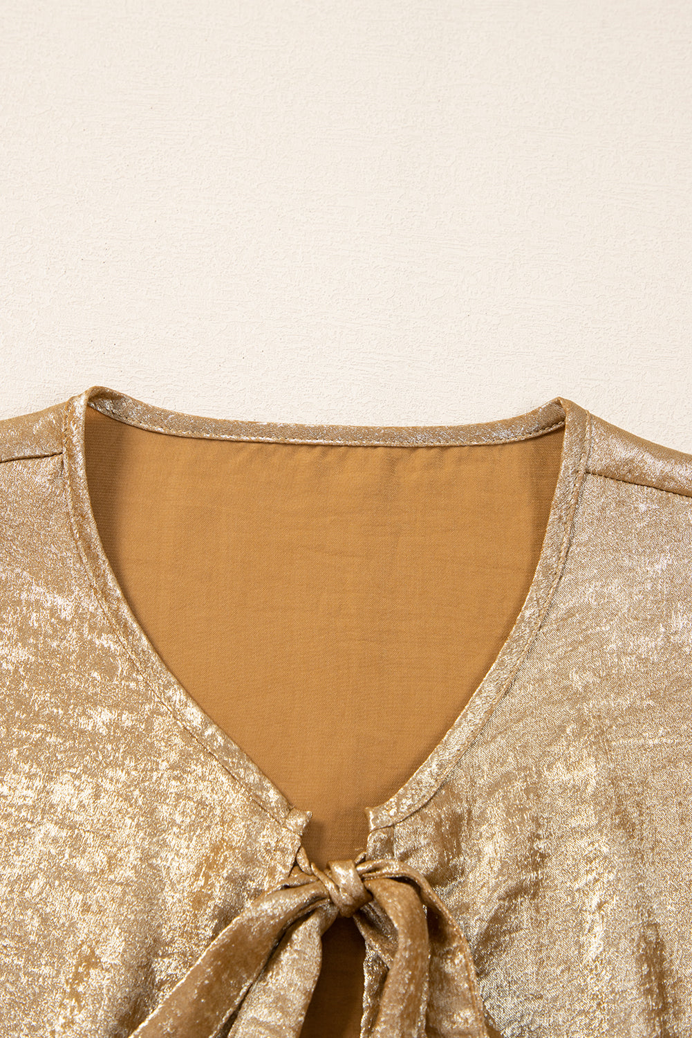 Gold Solid Color Bowknot Front Puff Sleeve Blouse
