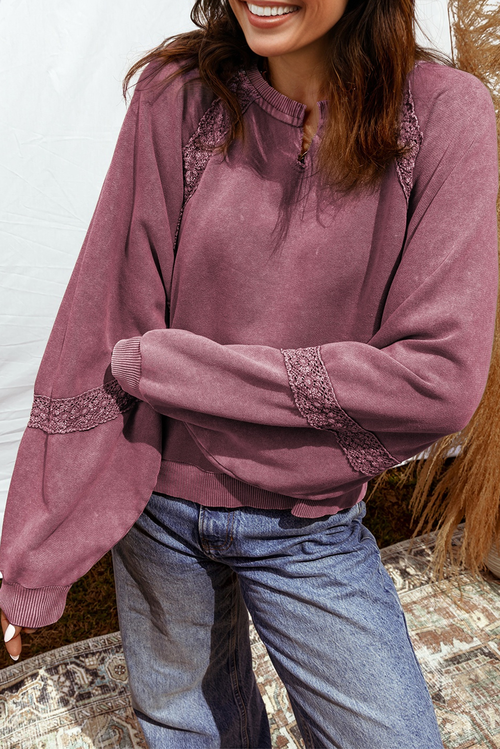 Jungle Green Lace Applique Notched Neck Mineral Wash Baggy Sweatshirt