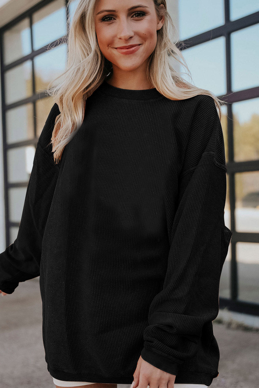 Light Pink Plain Drop Sleeve Crinkle Rib Oversized Sweatshirt