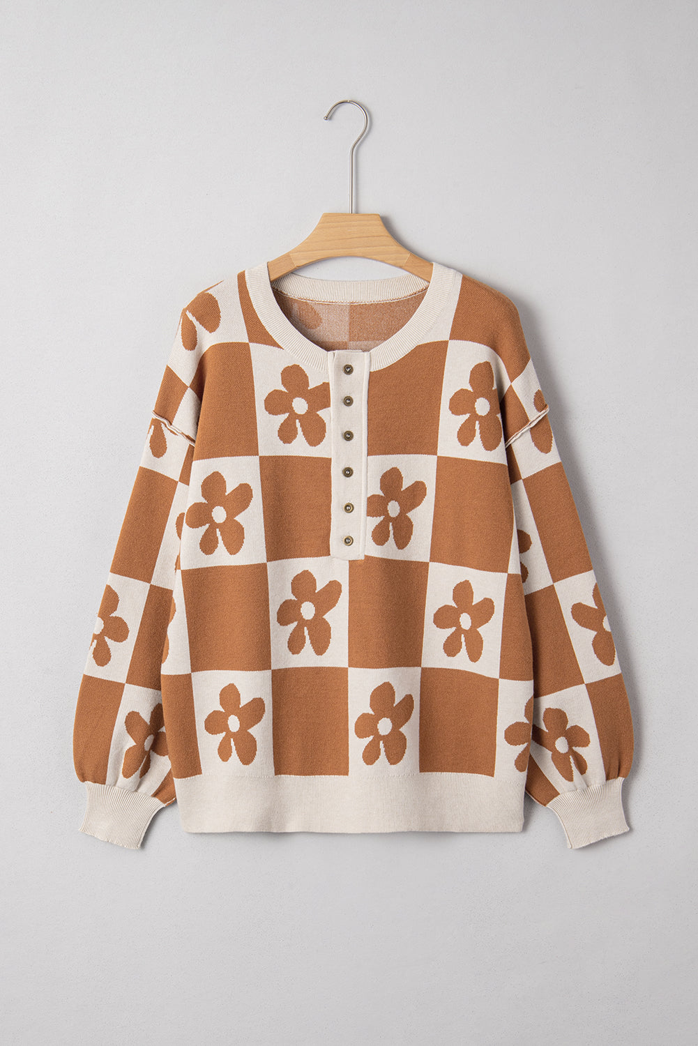Red Dahlia Flower Colorblock Checkered Henley Sweater