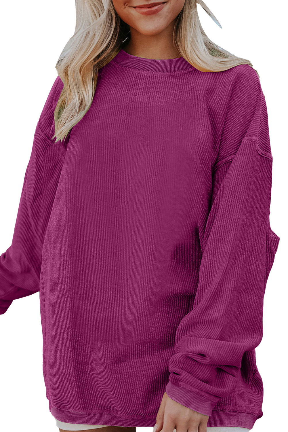 Light Pink Plain Drop Sleeve Crinkle Rib Oversized Sweatshirt