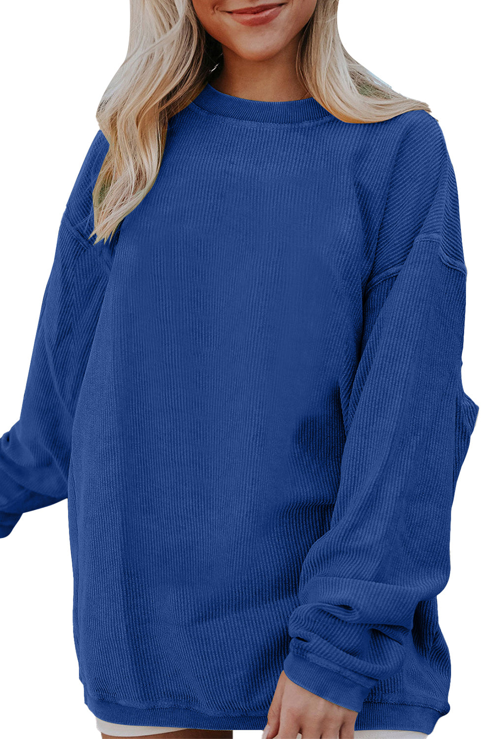 Light Pink Plain Drop Sleeve Crinkle Rib Oversized Sweatshirt