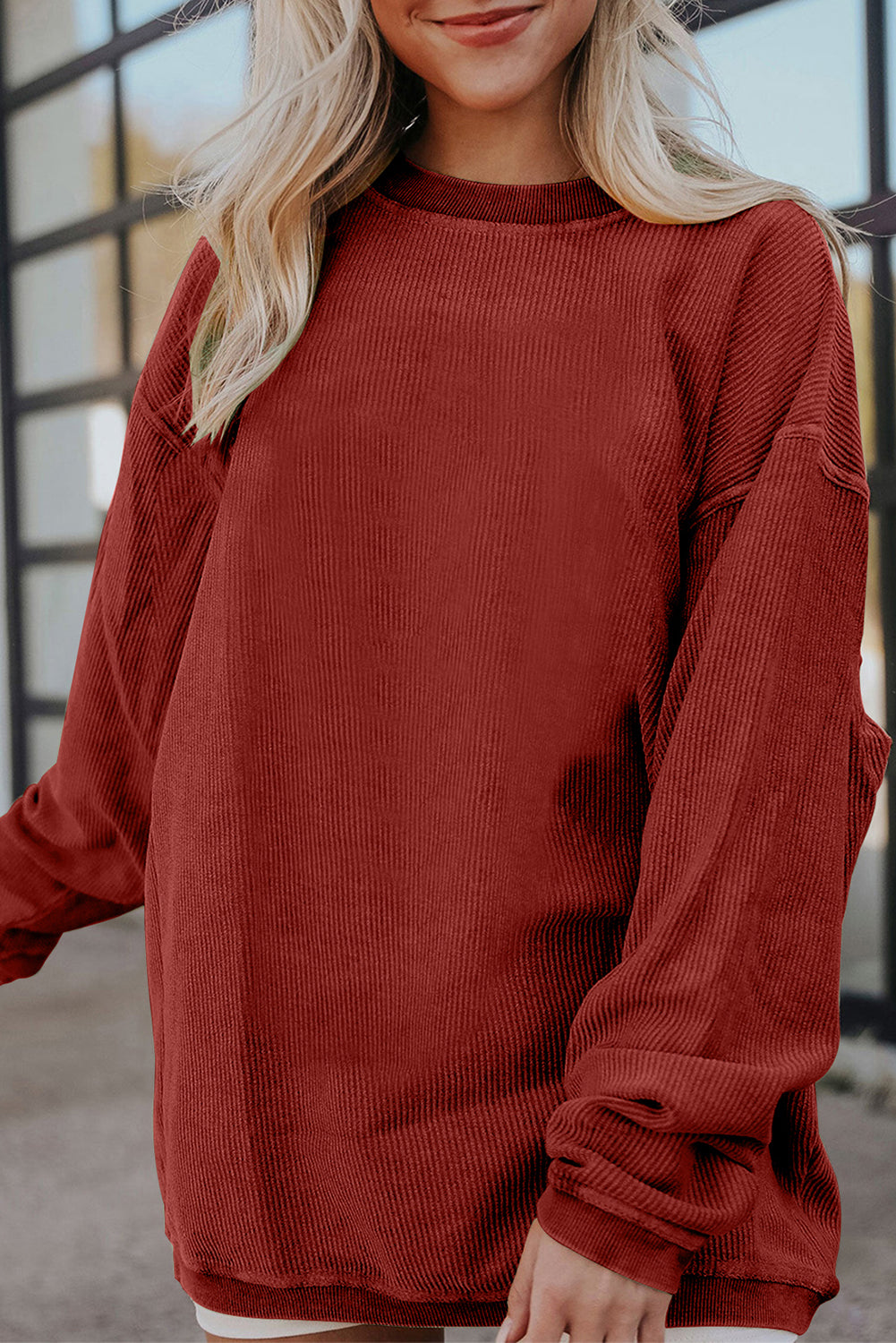 Light Pink Plain Drop Sleeve Crinkle Rib Oversized Sweatshirt