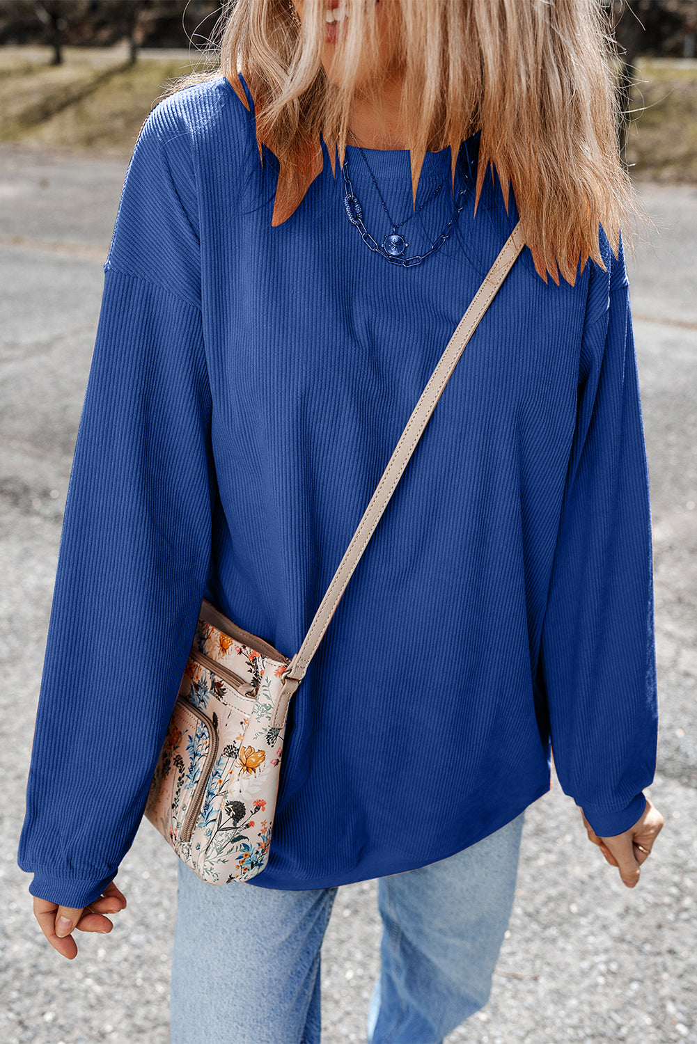 Light Pink Plain Drop Sleeve Crinkle Rib Oversized Sweatshirt