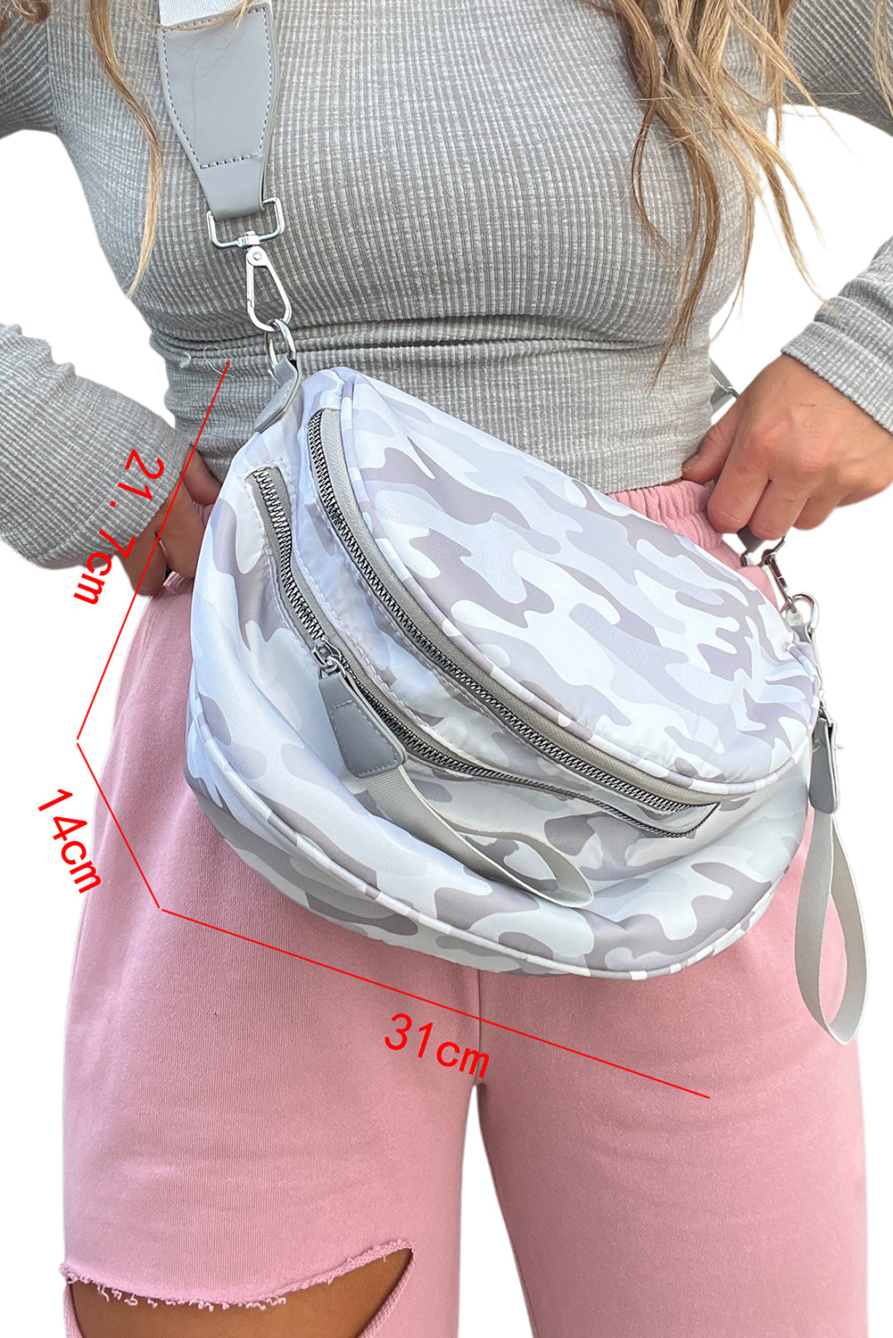 White Camouflage Print Double Zipper Crossbody Bag