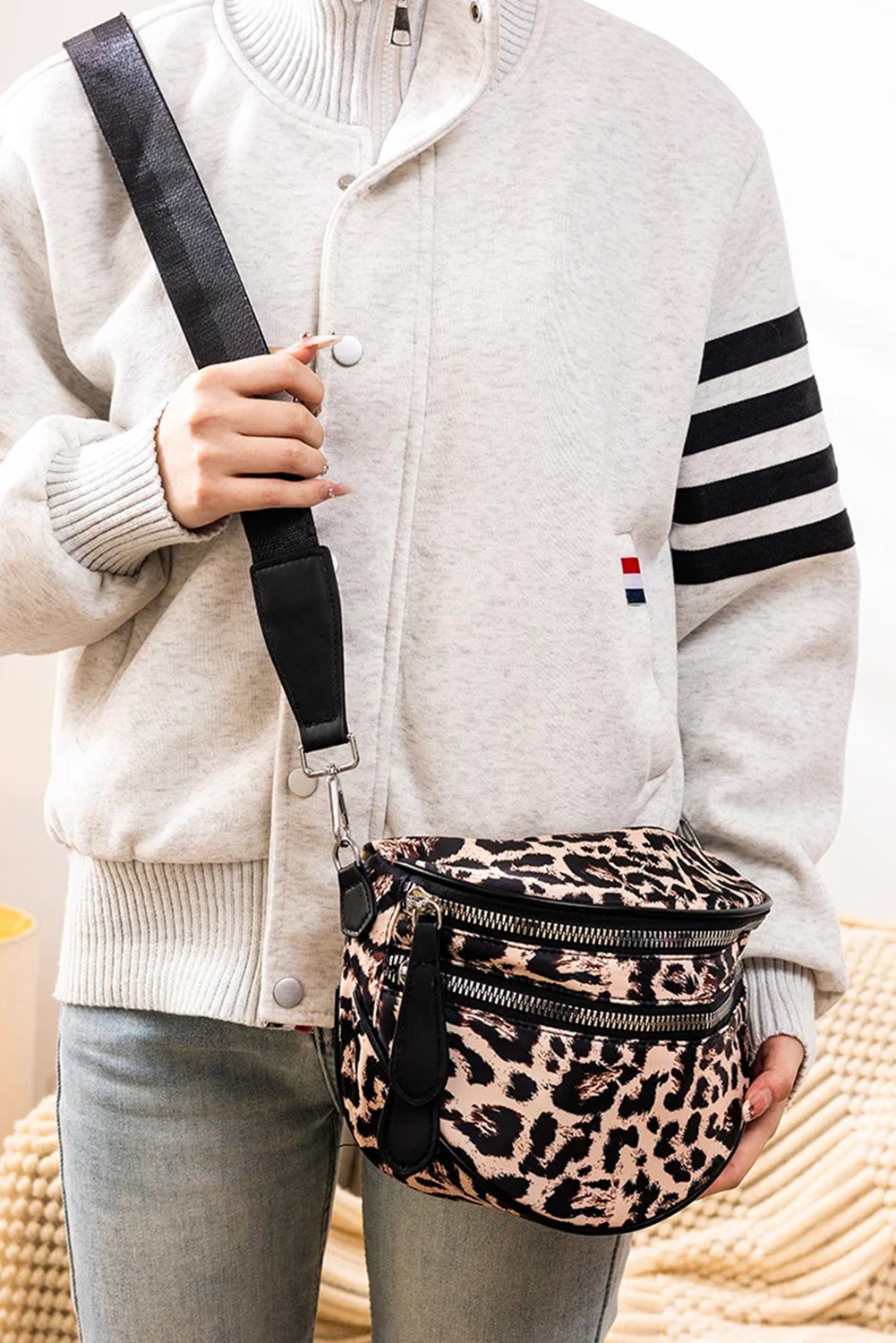 White Camouflage Print Double Zipper Crossbody Bag