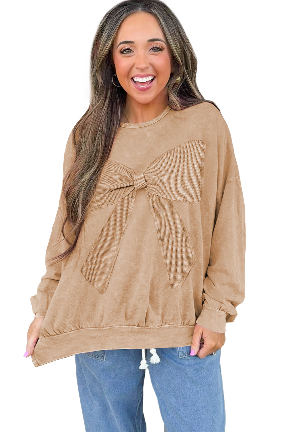 Bright Pink Mineral Wash Waffle Bow Patched Pullover Sweatshirt