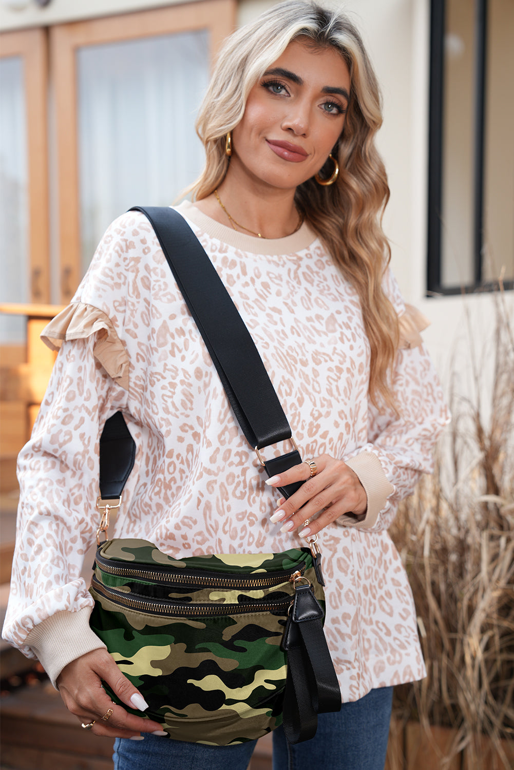 White Camouflage Print Double Zipper Crossbody Bag