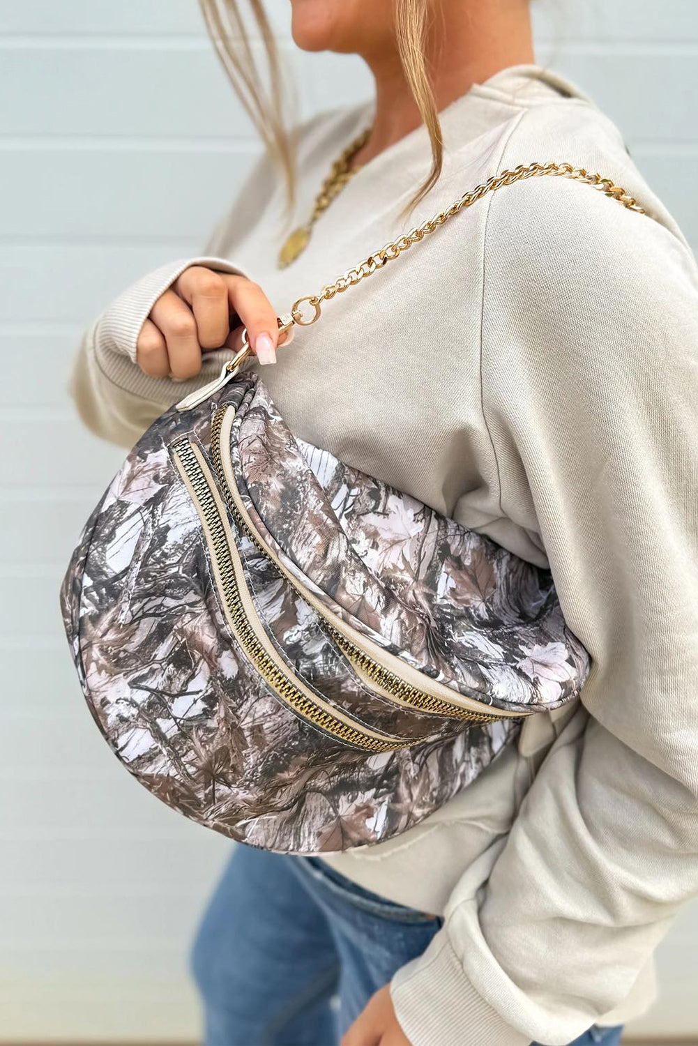 White Camouflage Print Double Zipper Crossbody Bag