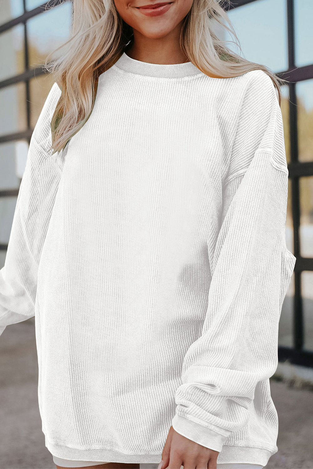 Light Pink Plain Drop Sleeve Crinkle Rib Oversized Sweatshirt