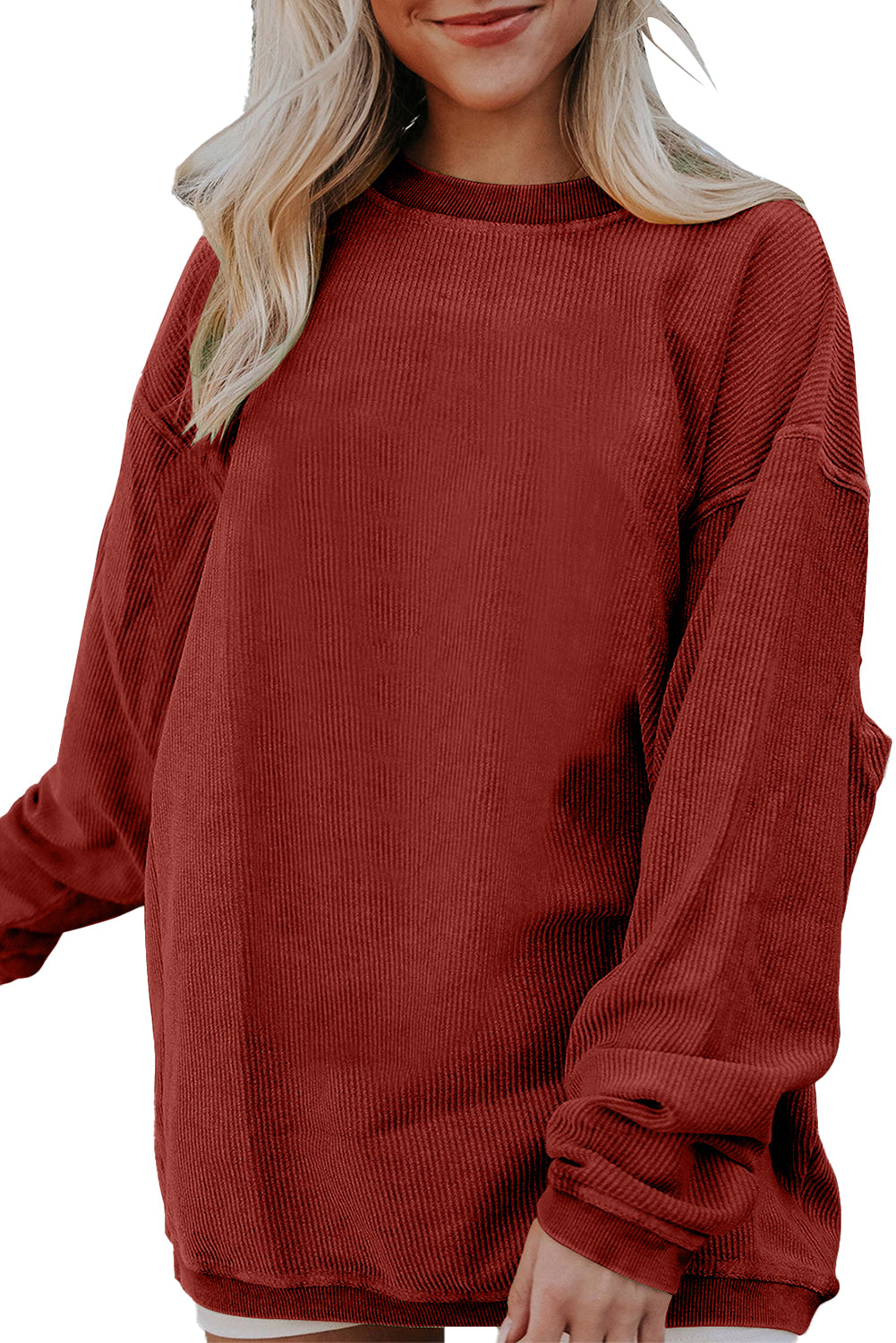 Light Pink Plain Drop Sleeve Crinkle Rib Oversized Sweatshirt