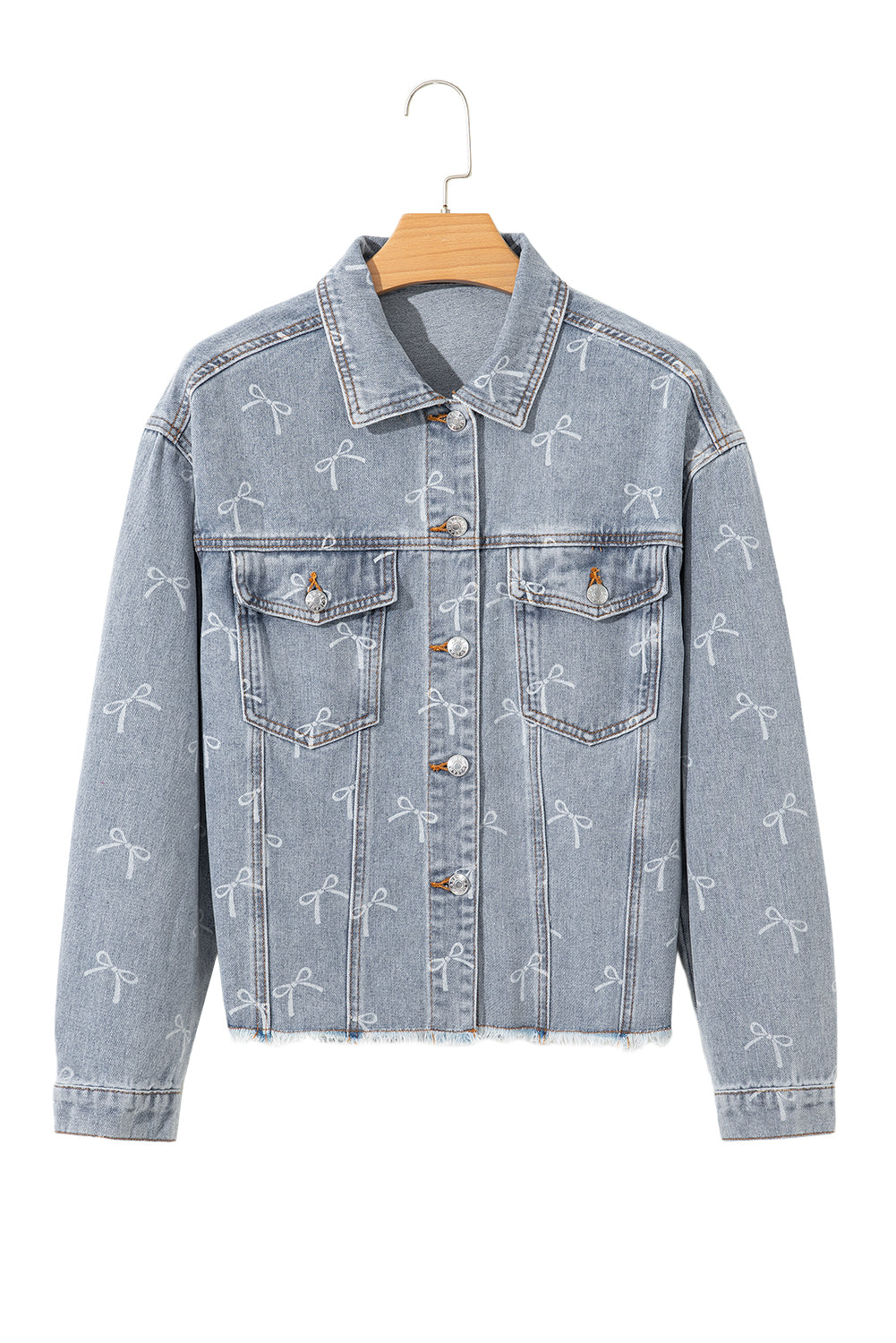 Sky Blue Bow Print Light Wash Raw Hem Denim Jacket