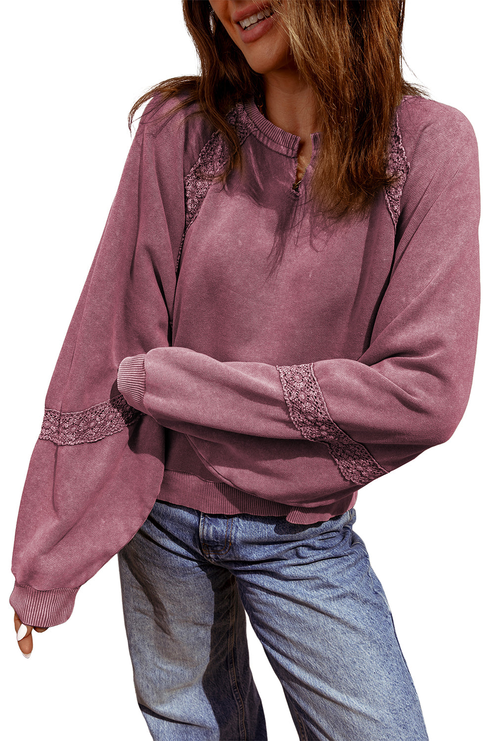 Jungle Green Lace Applique Notched Neck Mineral Wash Baggy Sweatshirt