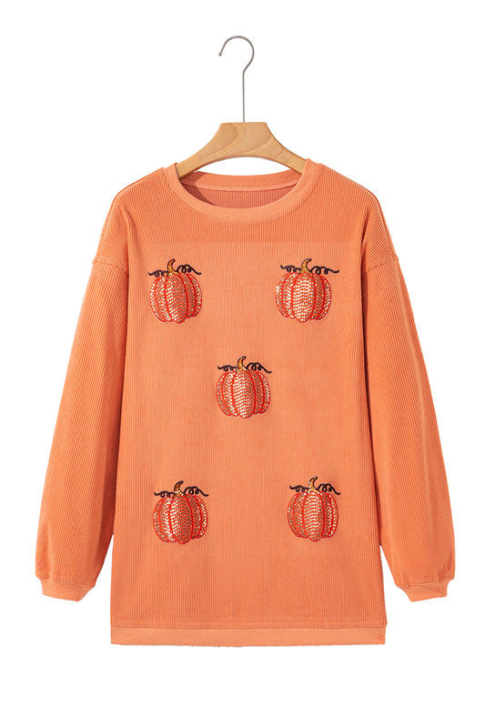 Orange Sequin Pumpkin Patched Twisted Rib Baggy Sweatshirt