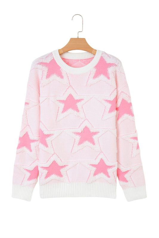 Sachet Pink Star Pattern Drop Sleeve Loose Sweater
