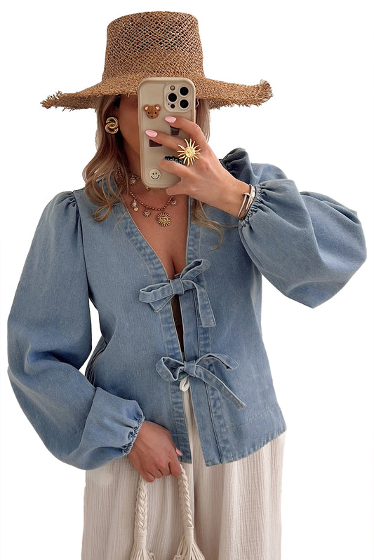 Dusk Blue Bow Tie Front Puff Sleeve Denim Top