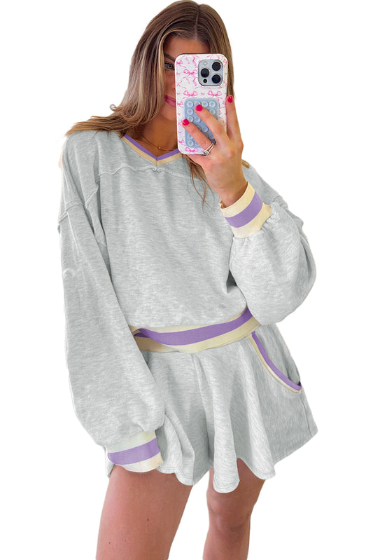 Light Grey Contrast Trim Striped Loose Sweatshirt and Skort Set